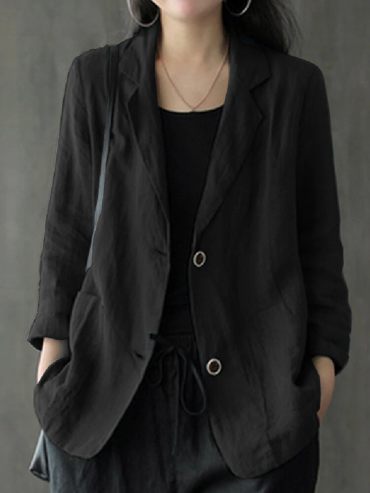 Women 100% Cotton Solid Color Button Front Business Thin All-Match Blazer With Pocket — view 6
