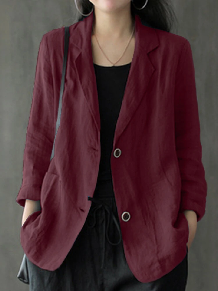 Women 100% Cotton Solid Color Button Front Business Thin All-Match Blazer With Pocket — view 7