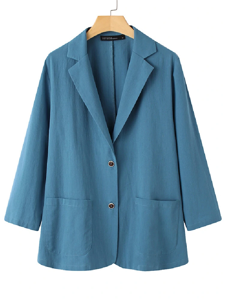 Women 100% Cotton Solid Color Button Front Business Thin All-Match Blazer With Pocket — view 8