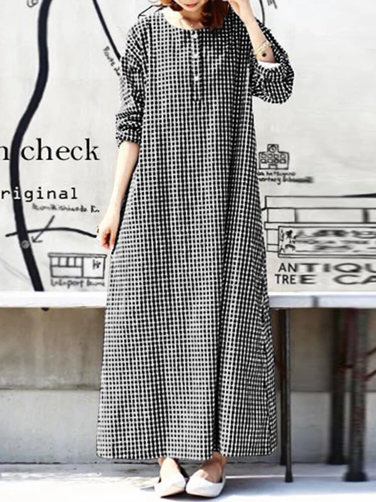 Women Casual Plaid Half Button Front Long Sleeve Maxi Dresses — ZANZEA