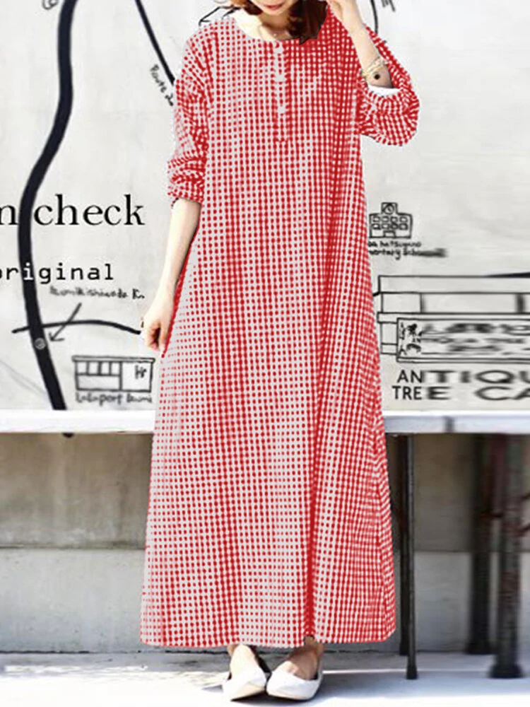 Women Casual Plaid Half Button Front Long Sleeve Maxi Dresses — view 2