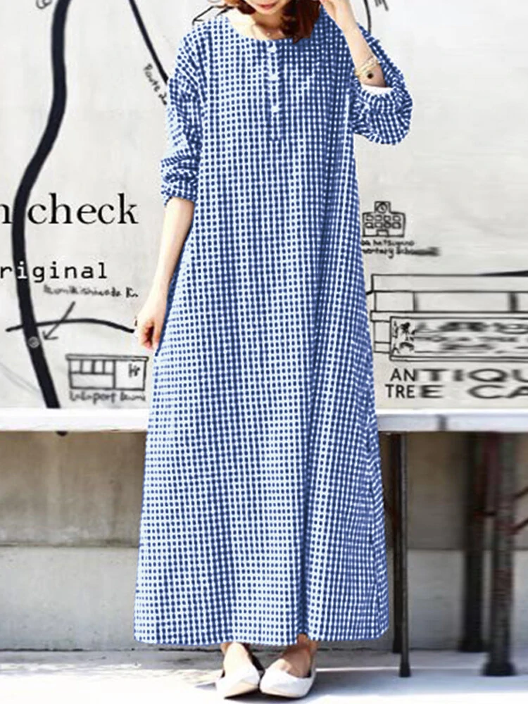 Women Casual Plaid Half Button Front Long Sleeve Maxi Dresses — view 3