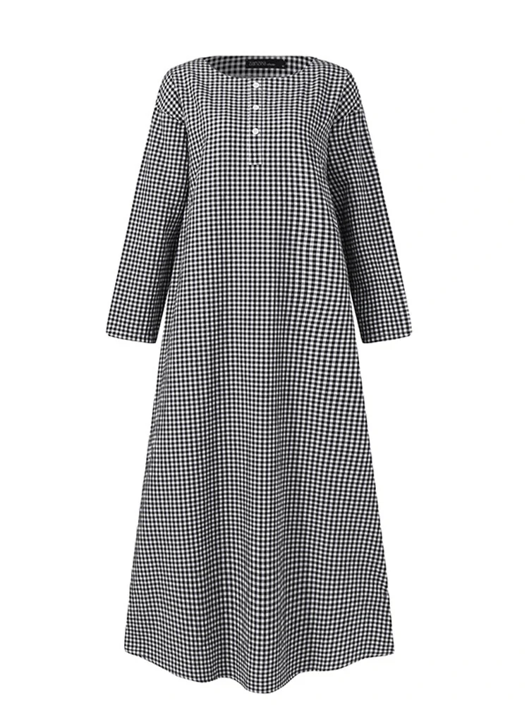 Women Casual Plaid Half Button Front Long Sleeve Maxi Dresses — view 4