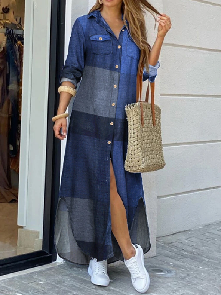 Women Casual Plaid Print Irregular Split Hem Maxi Shirts Dress with Side Pockets — view 2