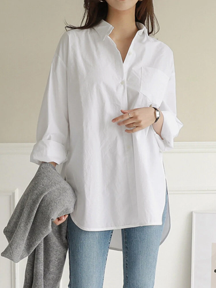 Women Daily Casual Cotton Irregular Hem Commute Loose Shirts — view 2