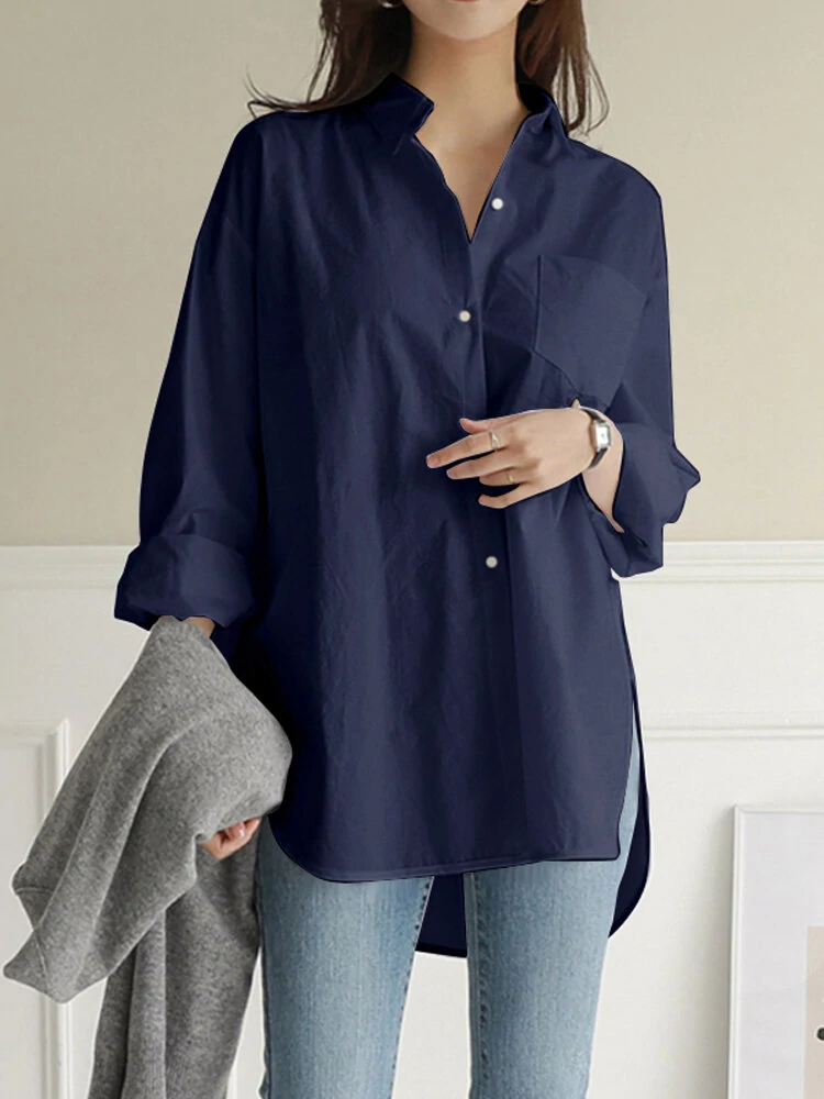 Women Daily Casual Cotton Irregular Hem Commute Loose Shirts — view 3