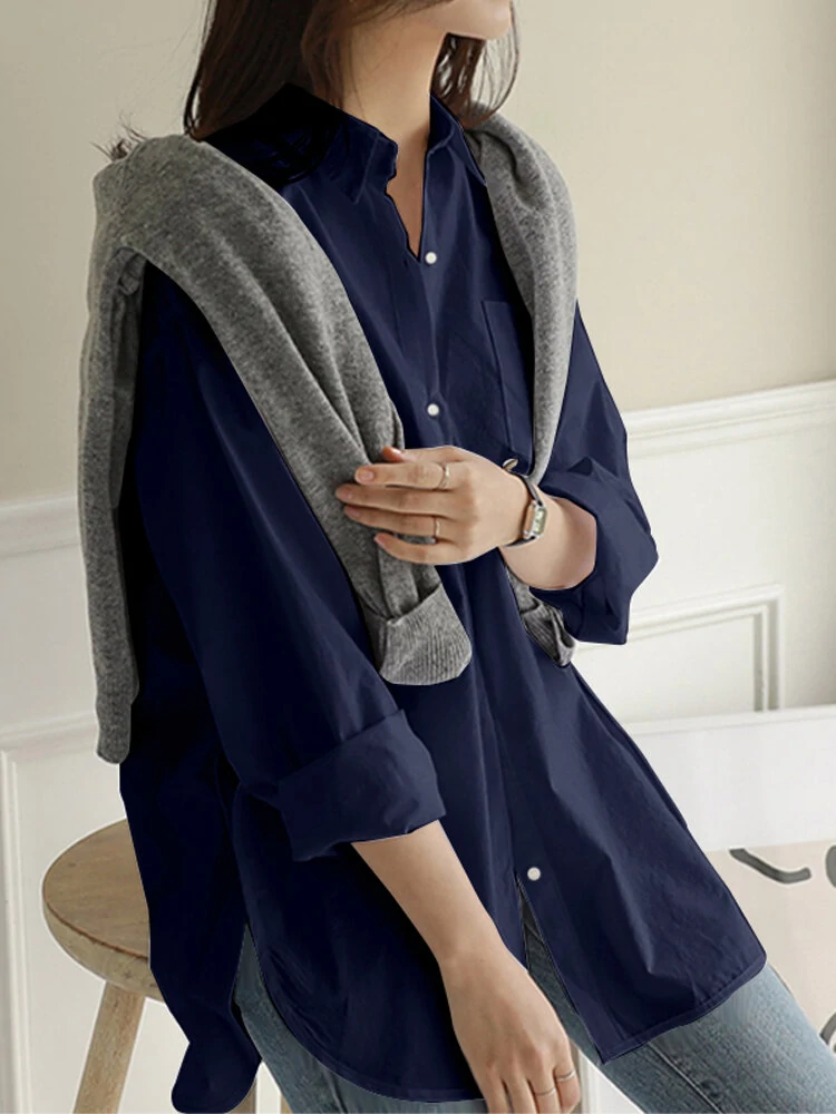 Women Daily Casual Cotton Irregular Hem Commute Loose Shirts — view 4