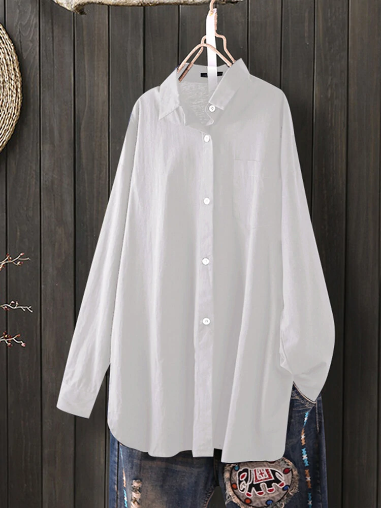Women Daily Casual Cotton Irregular Hem Commute Loose Shirts — view 5