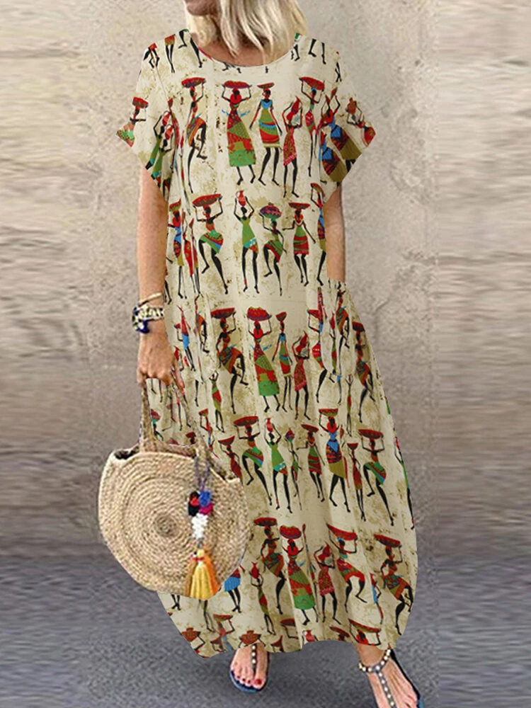 Women Ethnic Style Figure Print Round Neck Short Sleeve Loose Baggy Maxi Dresses — view 11