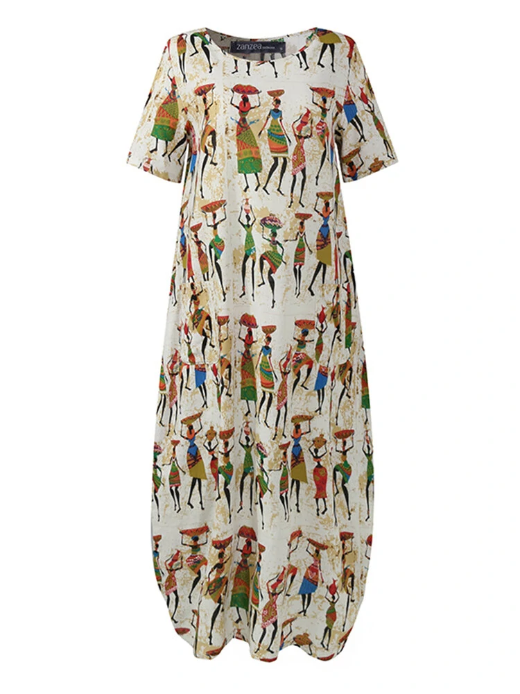 Women Ethnic Style Figure Print Round Neck Short Sleeve Loose Baggy Maxi Dresses — view 5