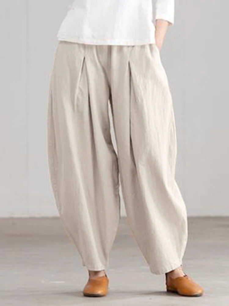 Women Loose 100% Cotton Ankle Length Solid Color Wide Legged Casual Pants — ZANZEA