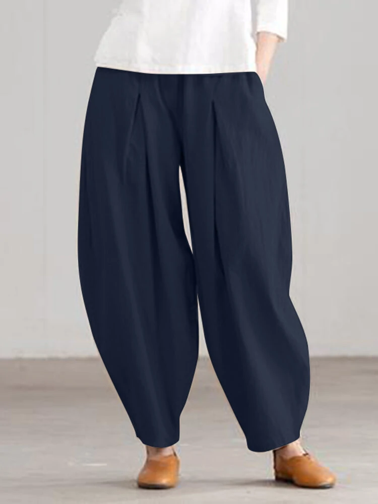 Women Loose 100% Cotton Ankle Length Solid Color Wide Legged Casual Pants — view 2