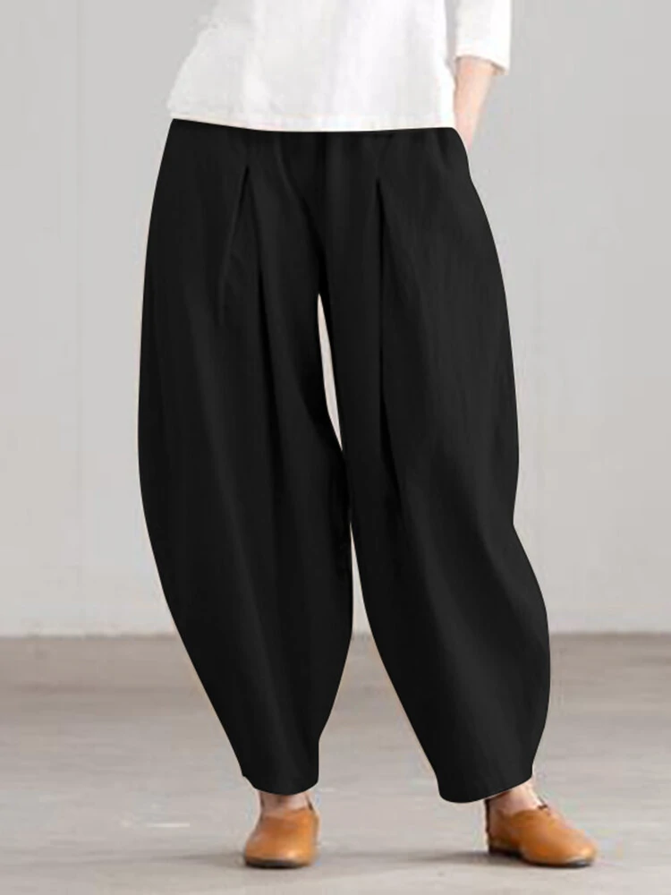 Women Loose 100% Cotton Ankle Length Solid Color Wide Legged Casual Pants — view 3