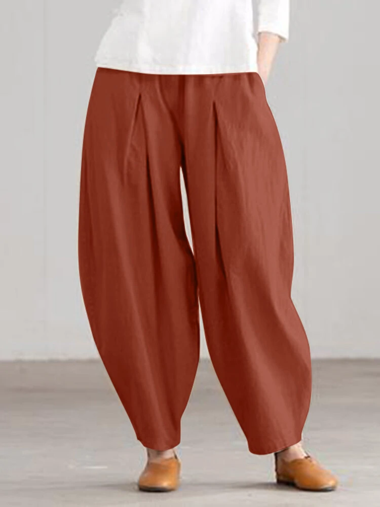 Women Loose 100% Cotton Ankle Length Solid Color Wide Legged Casual Pants — view 4