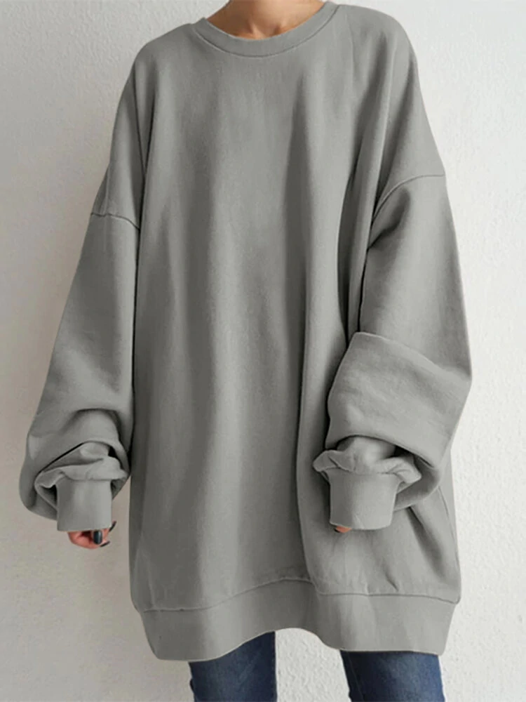 Women Puff Sleeve Crew Neck Solid Color Hem Long Sleeve Sweatshirts — ZANZEA