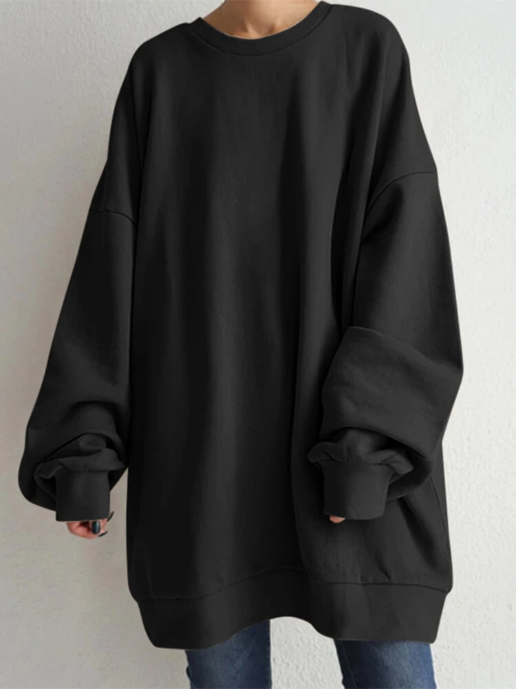 Women Puff Sleeve Crew Neck Solid Color Hem Long Sleeve Sweatshirts — view 2
