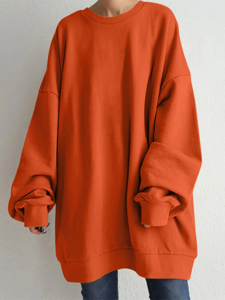 Women Puff Sleeve Crew Neck Solid Color Hem Long Sleeve Sweatshirts — view 3