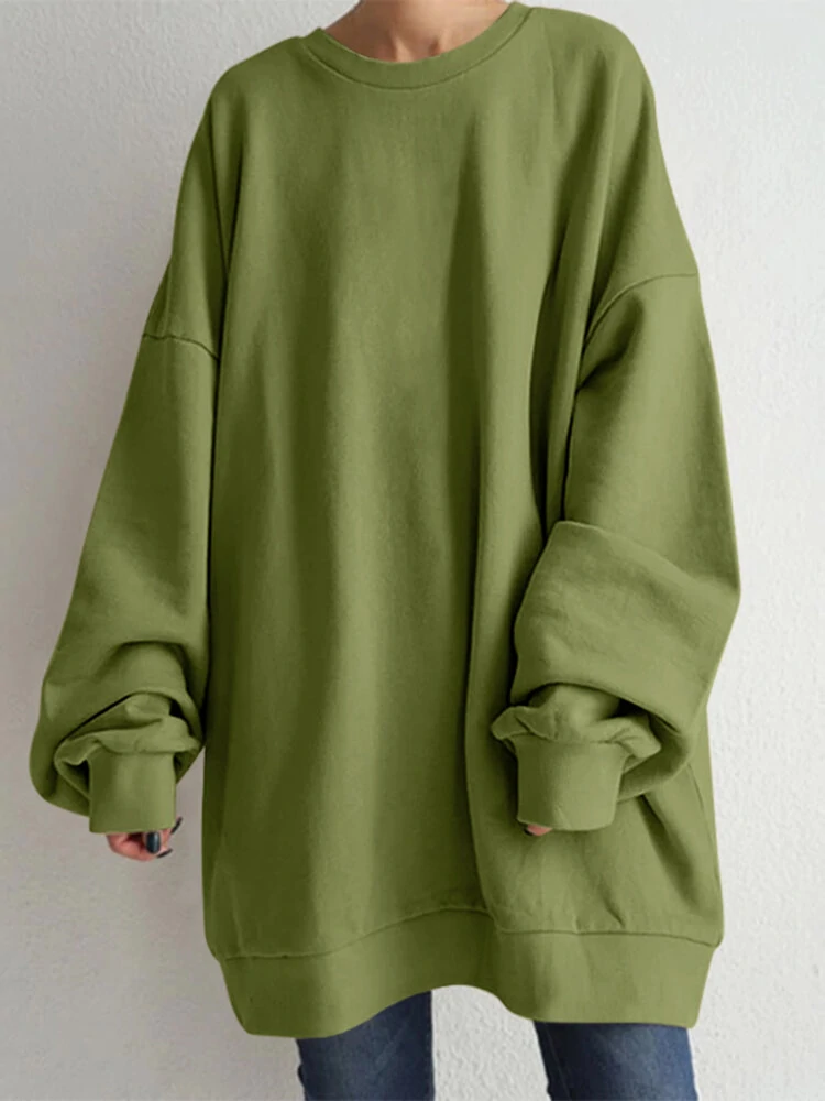 Women Puff Sleeve Crew Neck Solid Color Hem Long Sleeve Sweatshirts — view 4