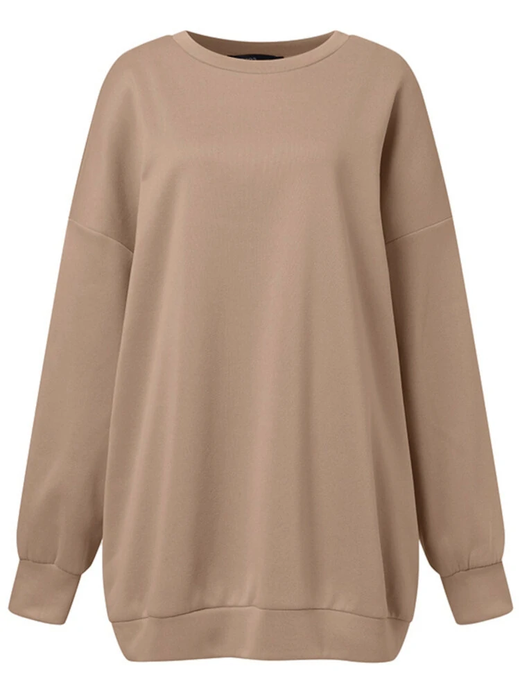Women Puff Sleeve Crew Neck Solid Color Hem Long Sleeve Sweatshirts — view 5