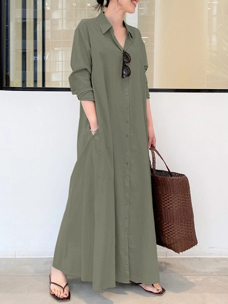Women Retro Solid Color Turn-Down Collar Loose Casual Shirt Dress With Pocket — ZANZEA