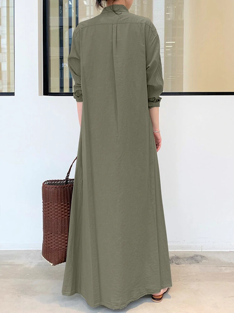 Women Retro Solid Color Turn-Down Collar Loose Casual Shirt Dress With Pocket — view 3