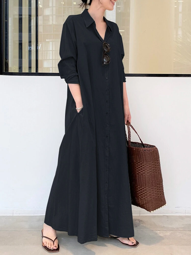 Women Retro Solid Color Turn-Down Collar Loose Casual Shirt Dress With Pocket — view 4