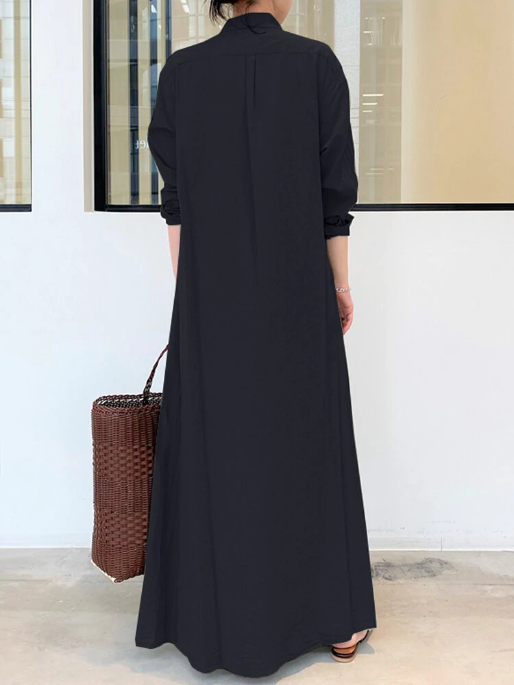Women Retro Solid Color Turn-Down Collar Loose Casual Shirt Dress With Pocket — view 5