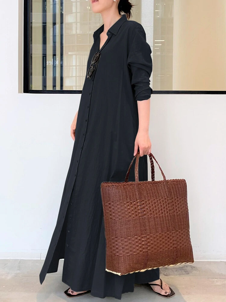 Women Retro Solid Color Turn-Down Collar Loose Casual Shirt Dress With Pocket — view 6