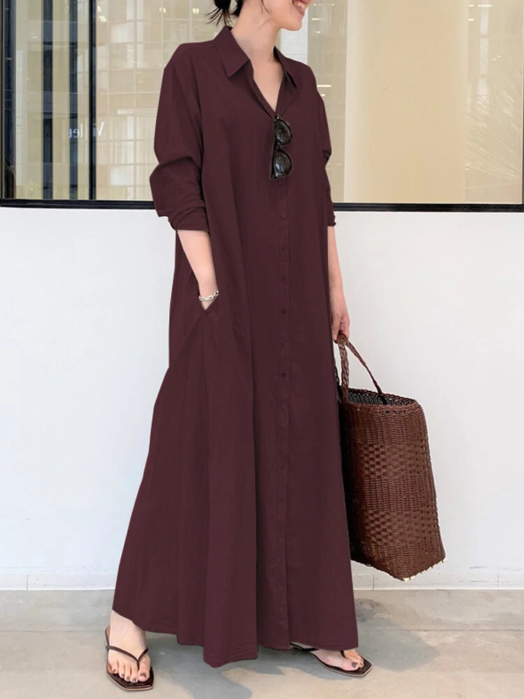 Women Retro Solid Color Turn-Down Collar Loose Casual Shirt Dress With Pocket — view 7