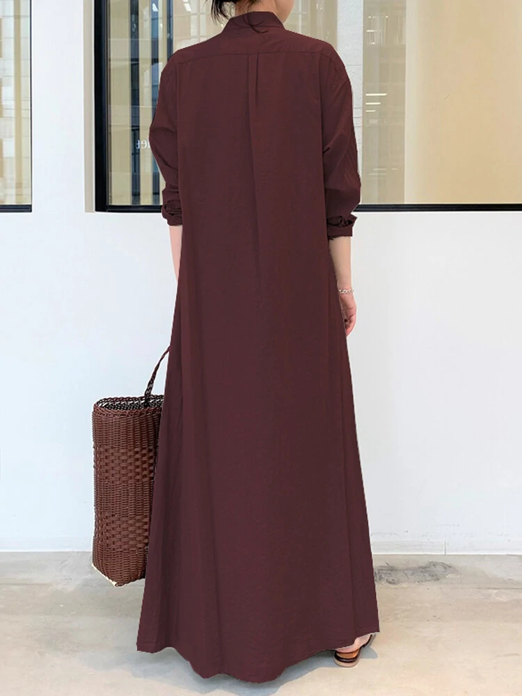 Women Retro Solid Color Turn-Down Collar Loose Casual Shirt Dress With Pocket — view 8