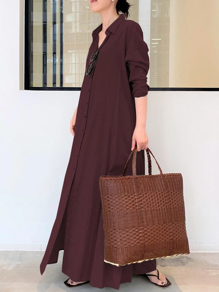 Women Retro Solid Color Turn-Down Collar Loose Casual Shirt Dress With Pocket — view 9