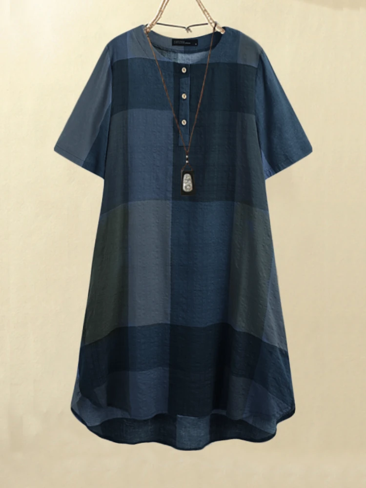Women Vintage Plaid Print Button Front O-Neck Short Sleeve Loose Casual Shirt Dress With Pocket — ZANZEA