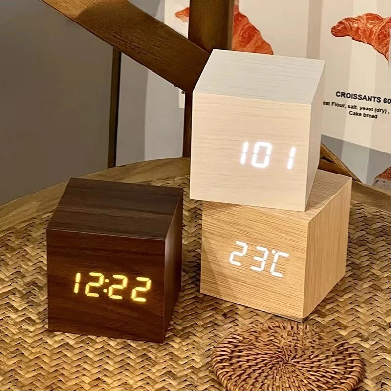 Wooden Digital Alarm Clock with Temperature Sound Control Electronic Clocks Desktop LED Bedside Clock — view 11