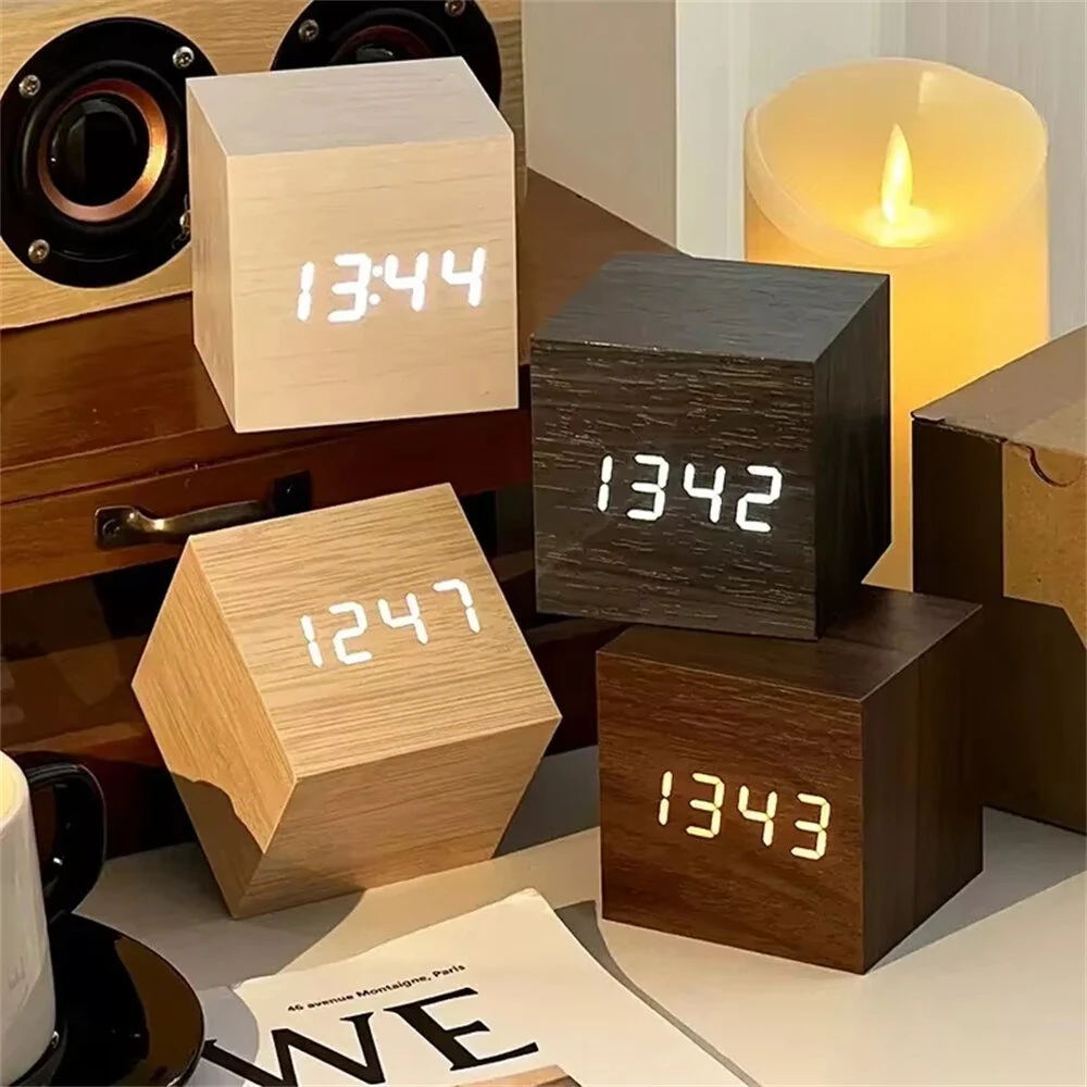 Wooden Digital Alarm Clock with Temperature Sound Control Electronic Clocks Desktop LED Bedside Clock — view 2