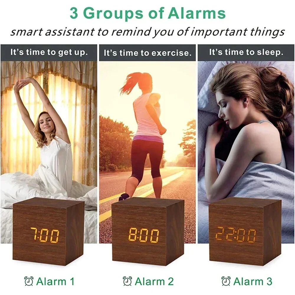 Wooden Digital Alarm Clock with Temperature Sound Control Electronic Clocks Desktop LED Bedside Clock — view 3