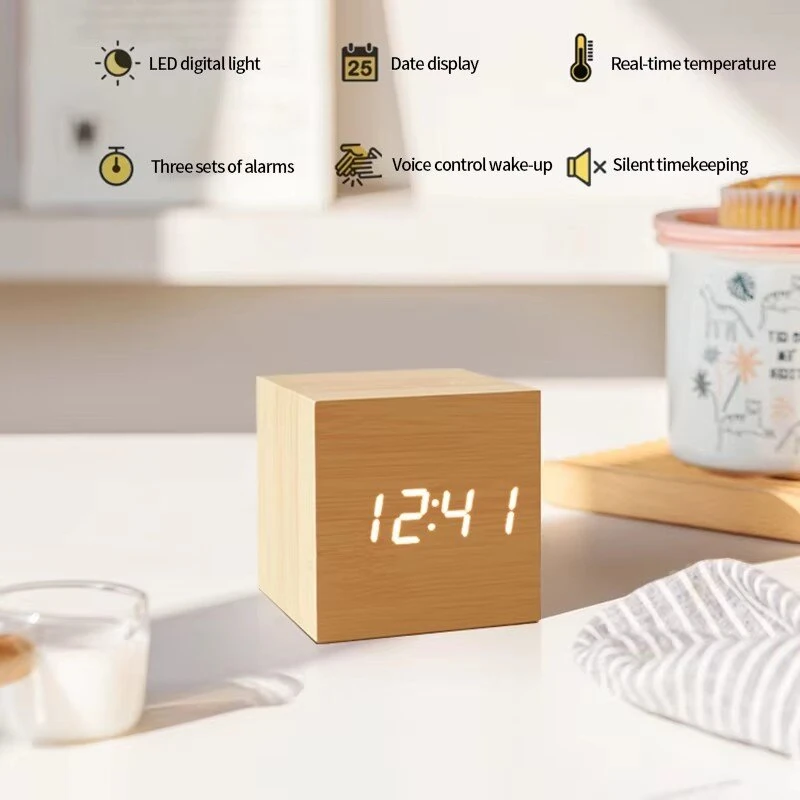 Wooden Digital Alarm Clock with Temperature Sound Control Electronic Clocks Desktop LED Bedside Clock — view 5