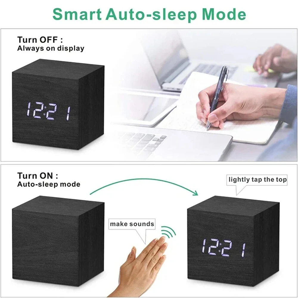 Wooden Digital Alarm Clock with Temperature Sound Control Electronic Clocks Desktop LED Bedside Clock — view 6