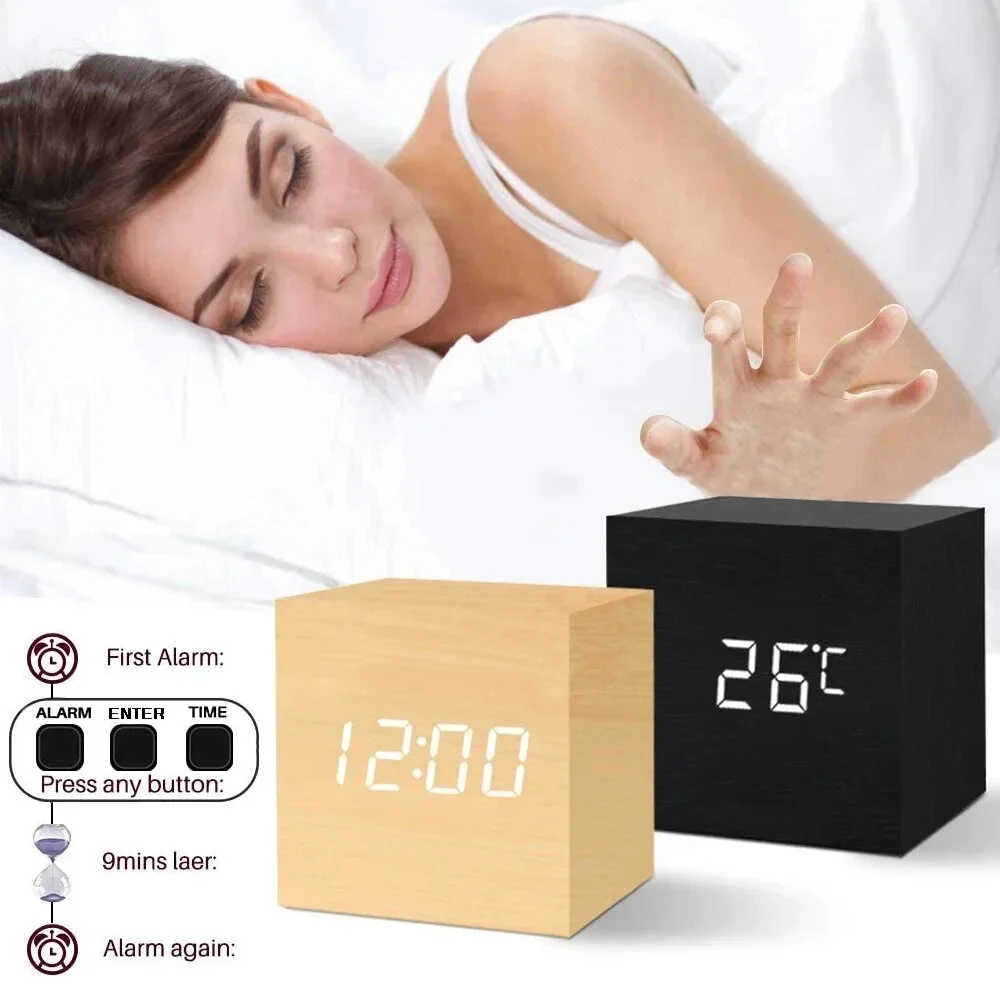 Wooden Digital Alarm Clock with Temperature Sound Control Electronic Clocks Desktop LED Bedside Clock — view 8