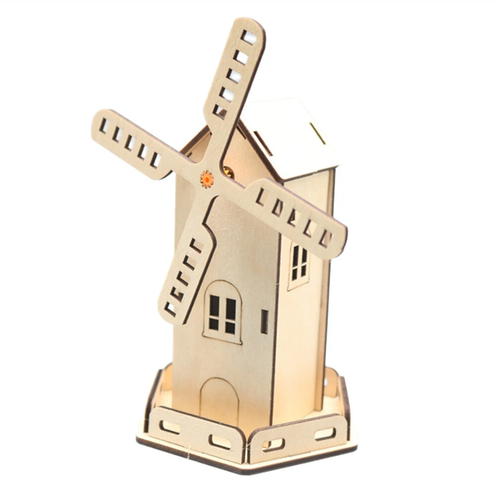 Wooden DIY Educational Scientific Experiments Early Education Toys Solar Windmill Assembled Small House for Children — view 4