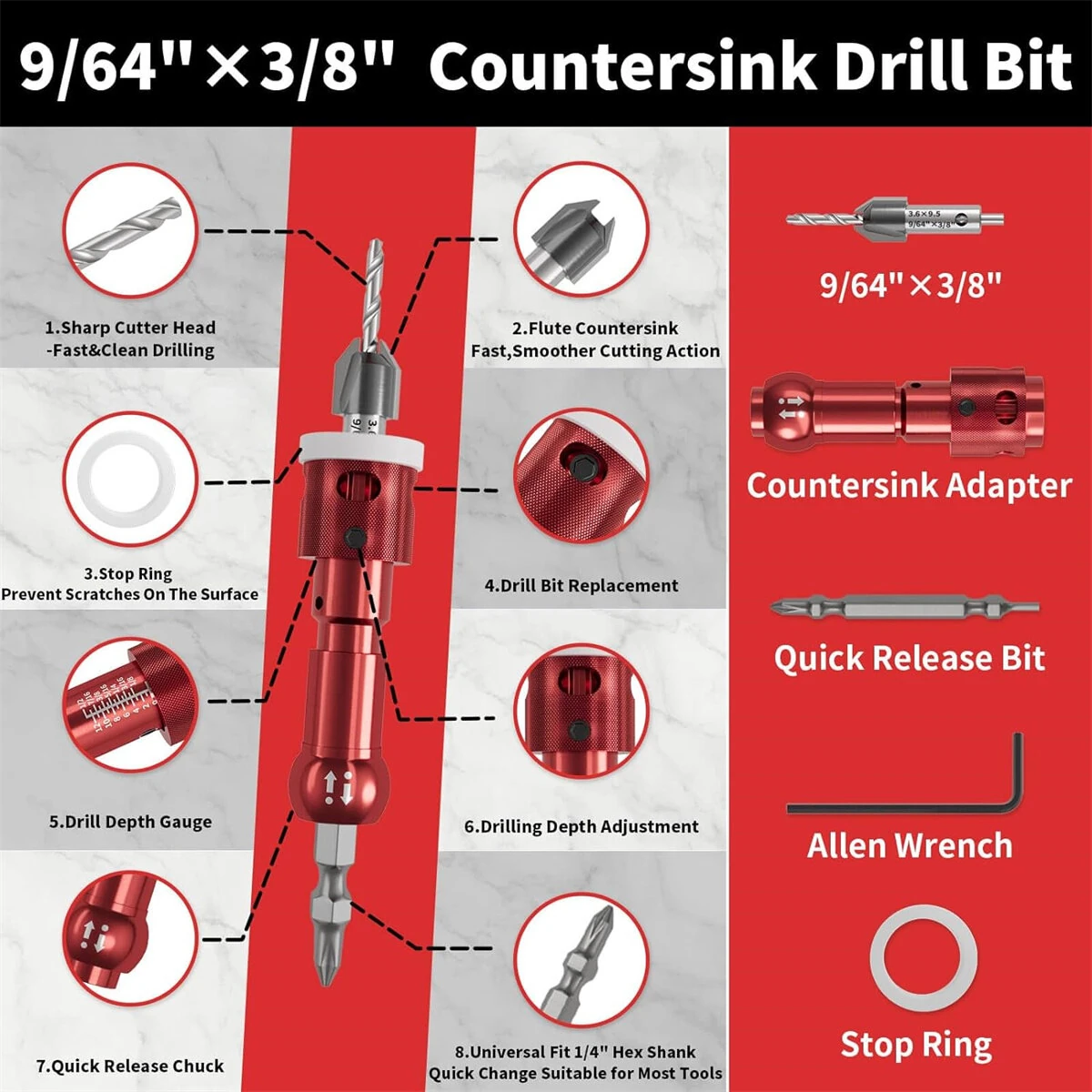 Woodworking Step Drill Bit Countersink Drill Bit with Adjustable Depth Stop 82 Degree Carbide Tipped with Replaceable Pilot Drill Bit1/4" Quick Release Hex Shank for Woodworking Pilot Screw Holes — view 5