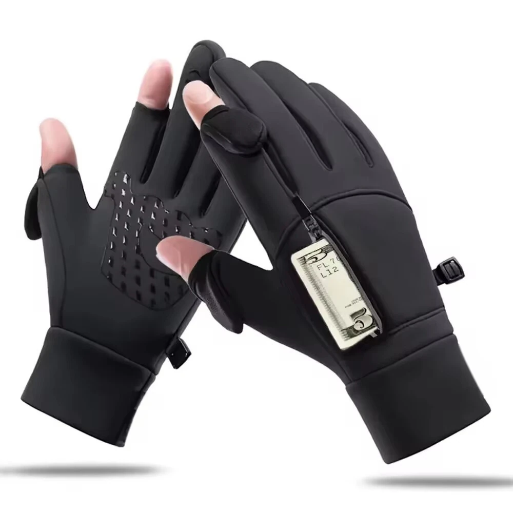 XANES Winter Touchscreen Warm Cycling Gloves Waterproof Windproof Cold-Resistant Flip Exposed Two-finger Zipper Gloves for Men Women Ski Fishing Running — view 3