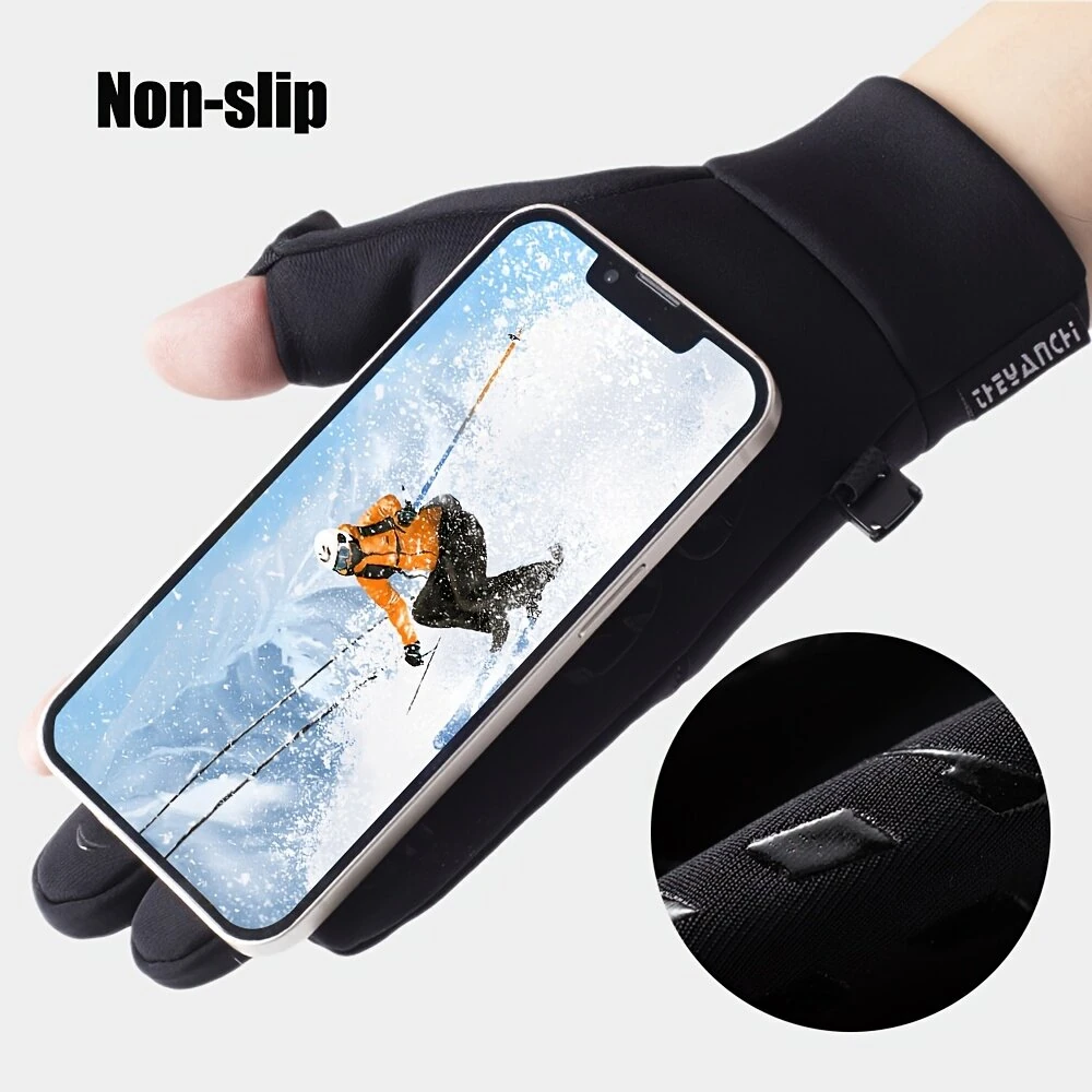 XANES Winter Touchscreen Warm Cycling Gloves Waterproof Windproof Cold-Resistant Flip Exposed Two-finger Zipper Gloves for Men Women Ski Fishing Running — view 9
