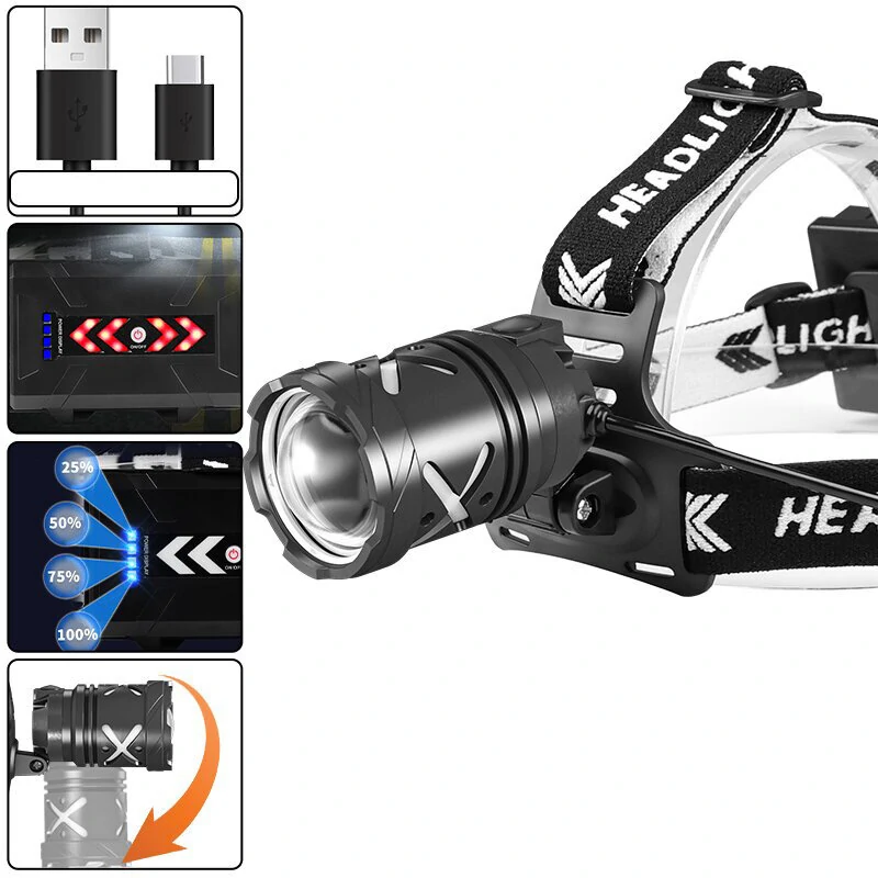 XHP70 Bright LED Headlamp Long-Range Rechargeable Adjustable Focus Outdoor Headlight Head Light — view 4