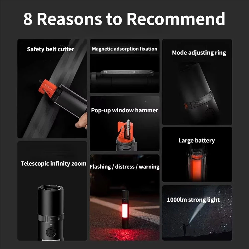 Xiaomi Mijia Multi-functional LED Flashlight Zoomable Ultra Bright Torch Window Breaker 3100mAh Lithium Battery 1000lm Strong Light Safety Belt Cutter Car Emergency Light — view 7