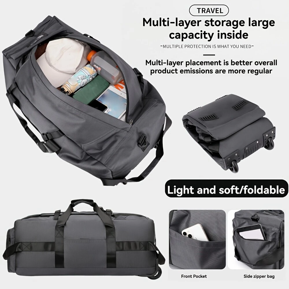 Xmund 60L Large Capacity Rolling Duffle Bag Foldable Travel Luggage with Wheels Convertible Backpack Fine Fabric Airline Check In Airplane Moving Bag — view 4