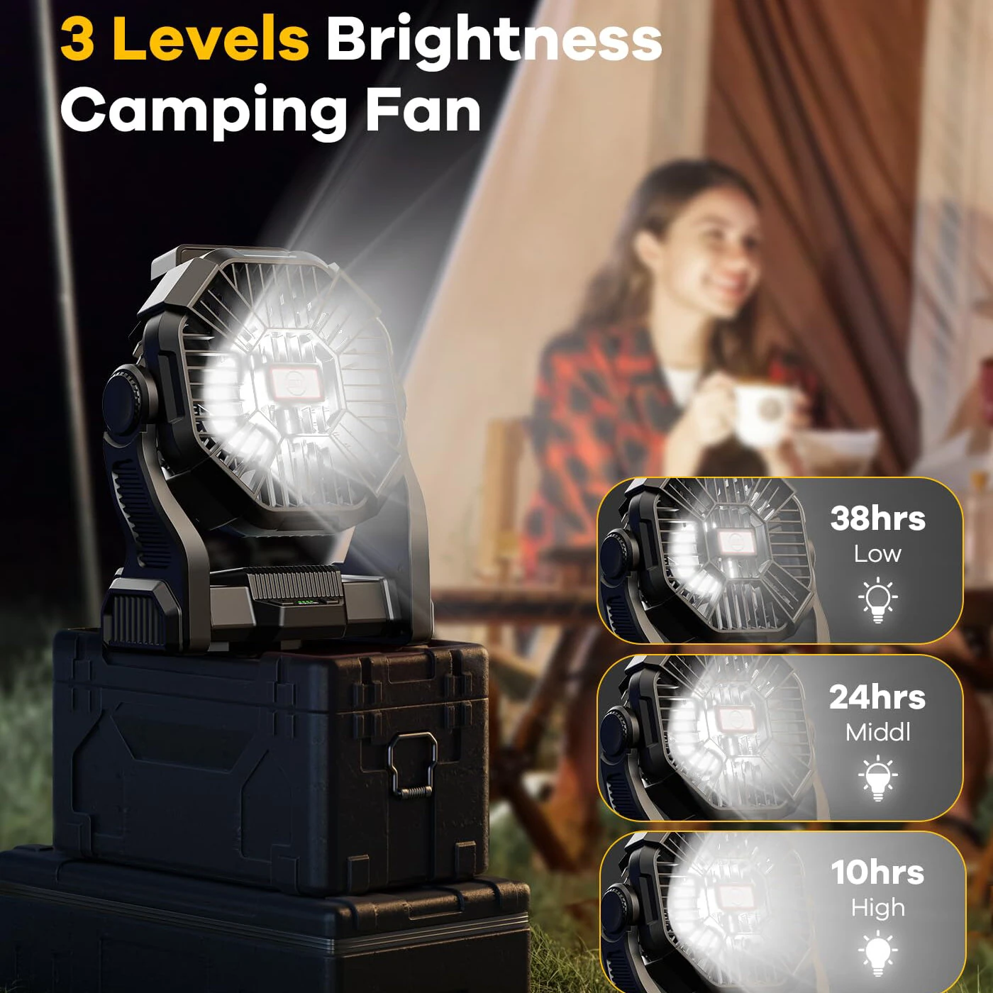 Xmund P18 Camping Fan with Light 10400mAh Battery Powered USB Rechargeable Tent Fan 4 Speeds Remote Control Portable Outdoor Accessory — view 4