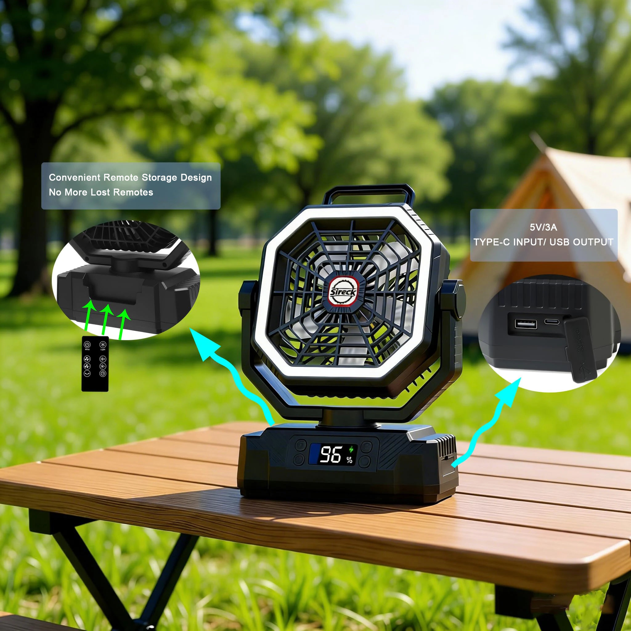 Xmund P60 Camping Fan with Light 20000mAh Battery Operated USB Rechargeable Tent Fan 4 Speeds Remote Control Portable Outdoor Accessory — view 3