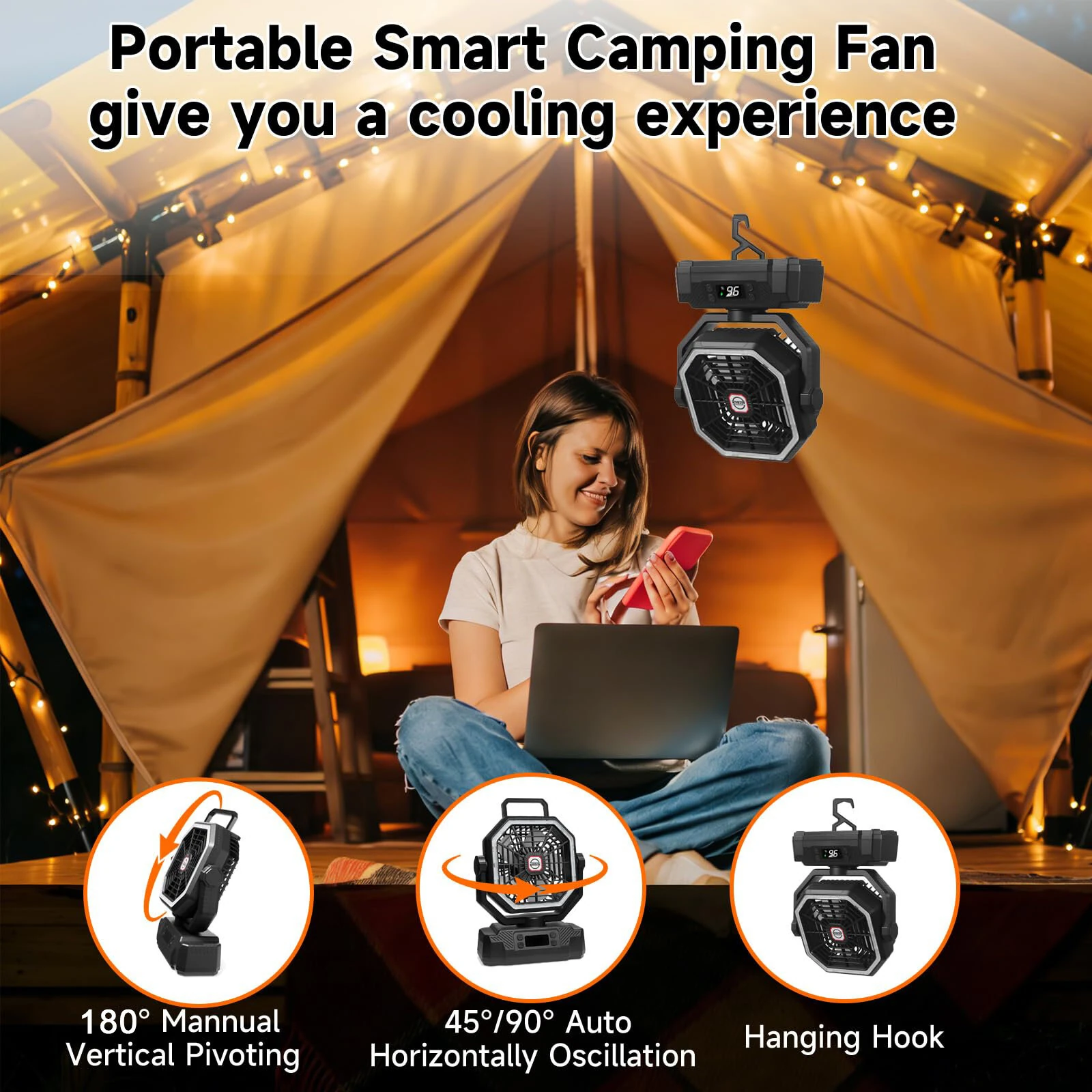 Xmund P60 Camping Fan with Light 20000mAh Battery Operated USB Rechargeable Tent Fan 4 Speeds Remote Control Portable Outdoor Accessory — view 4