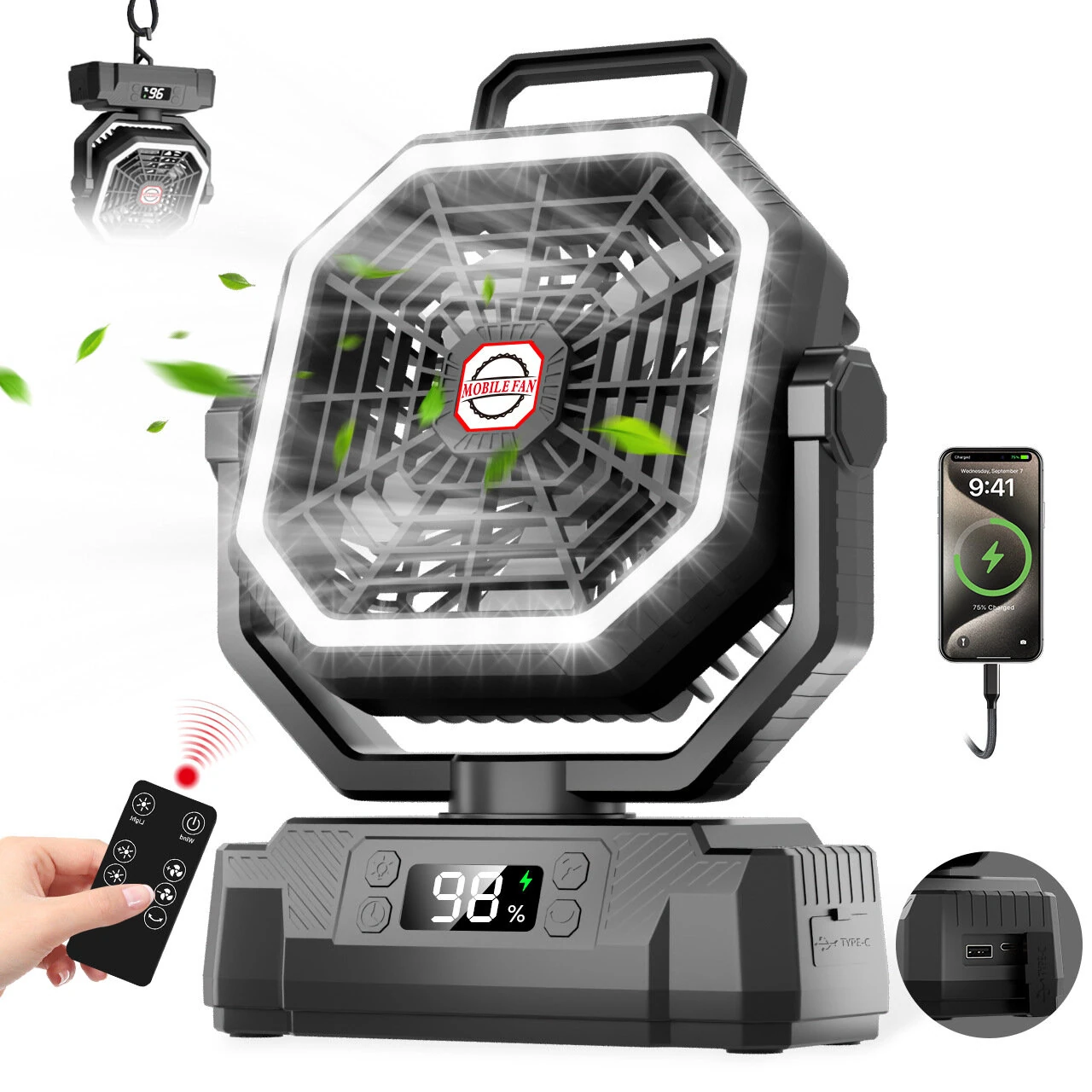 Xmund P60 Camping Fan with Light 20000mAh Battery Operated USB Rechargeable Tent Fan 4 Speeds Remote Control Portable Outdoor Accessory — view 6