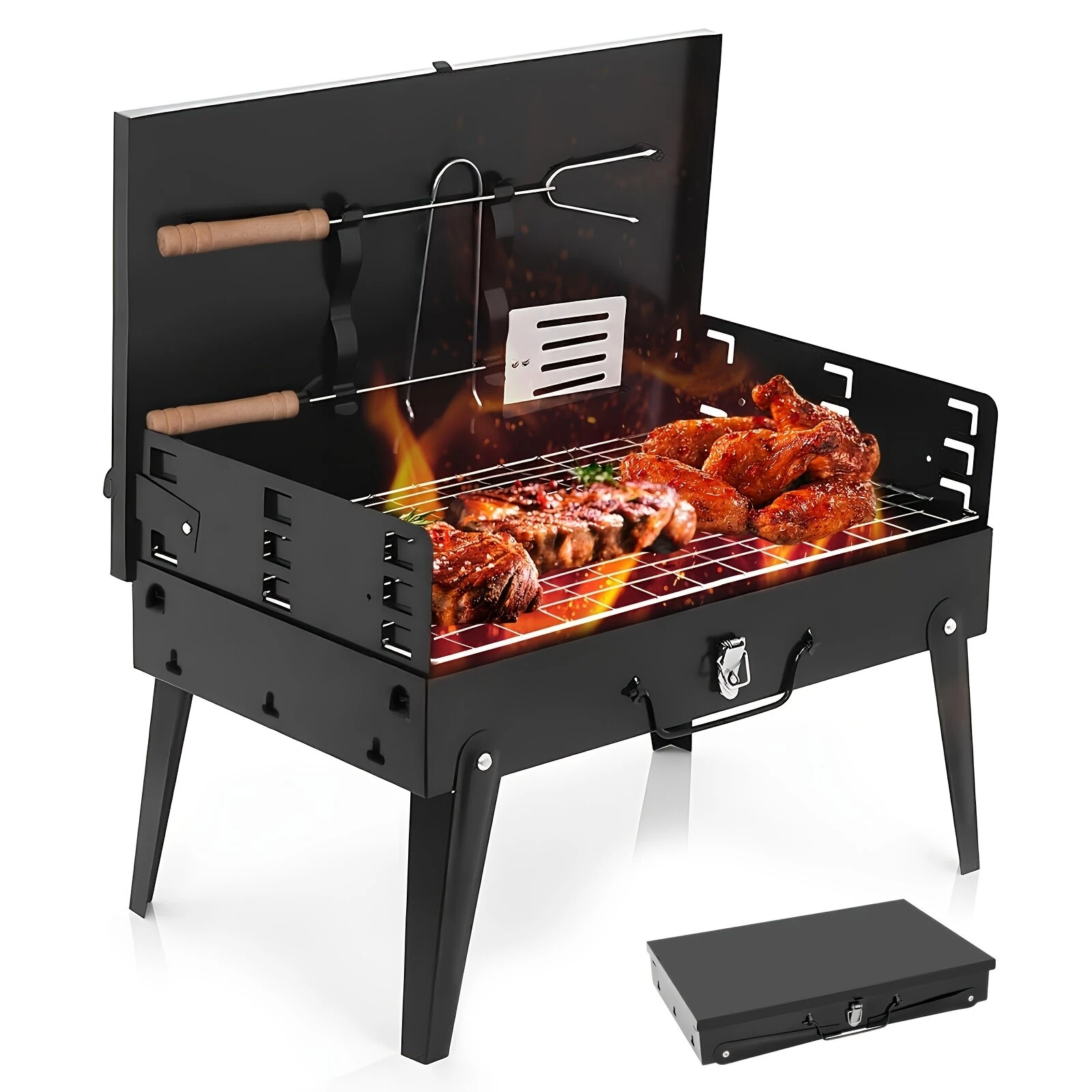 Xmund Portable Foldable Barbecue Grill with Adjustable Height & Convenient Storage Ideal for Backyard, Lawn, Garden Gatherings, Family Dinners & Outdoor Cooking Events, Includes Kickstand, Cooking Grate, Lid, Handle, Ash Pan